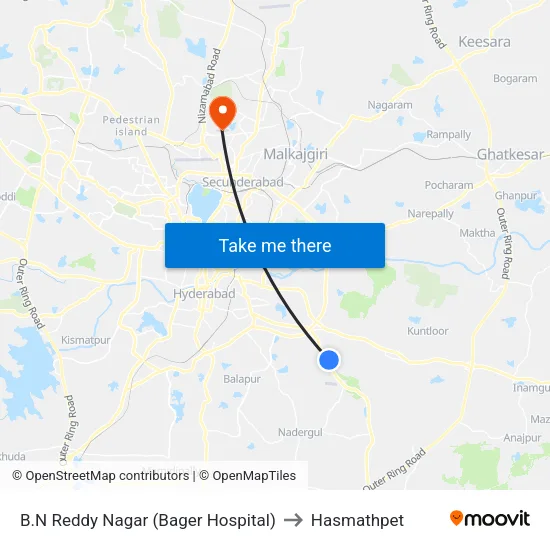 B.N Reddy Nagar (Bager Hospital) to Hasmathpet map