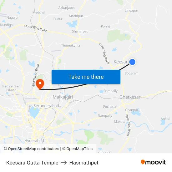 Keesara Gutta Temple to Hasmathpet map