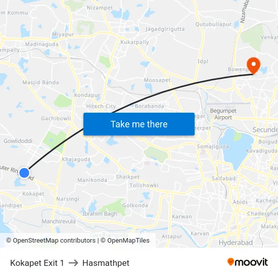 Kokapet Exit 1 to Hasmathpet map
