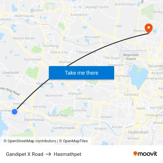 गांडीपेट एक्स रोड to हसमतपेट map