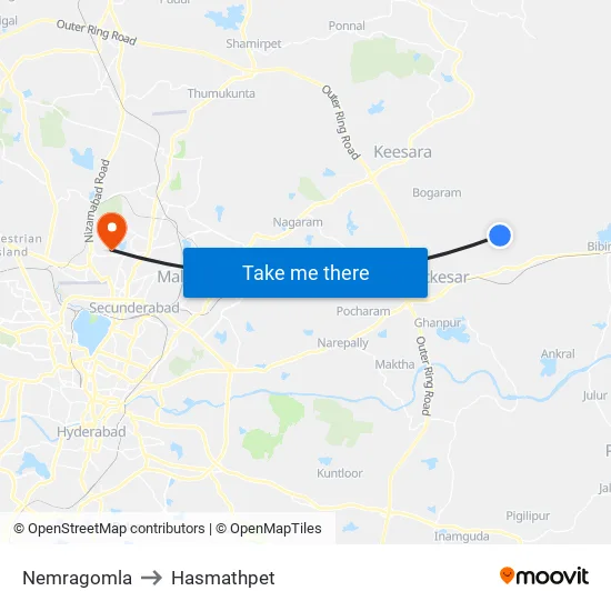 Nemragomla to Hasmathpet map