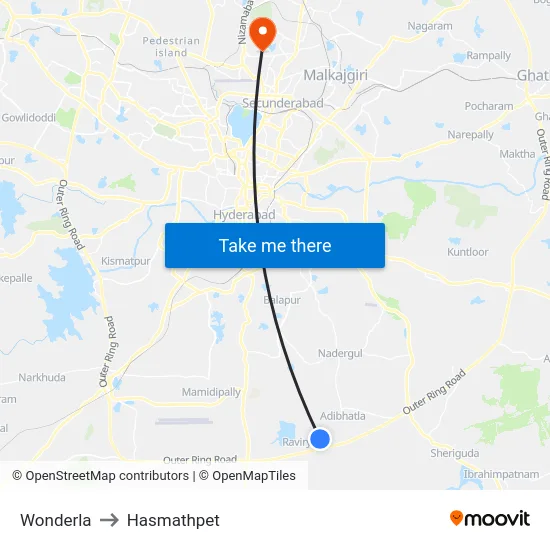 Wonderla to Hasmathpet map