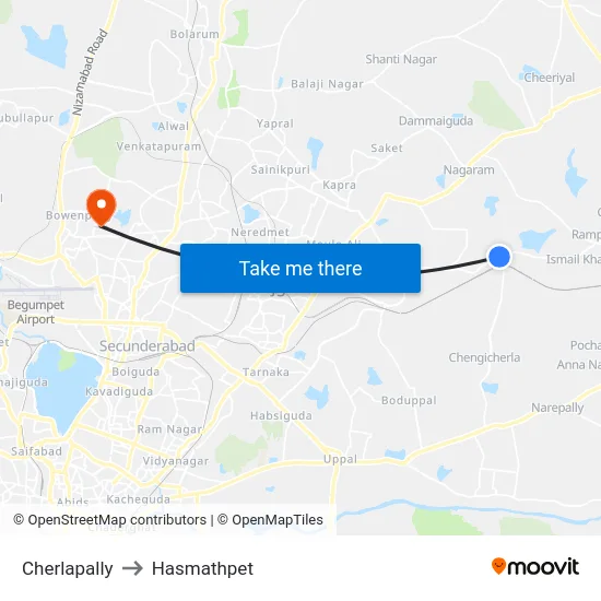 Cherlapally to Hasmathpet map