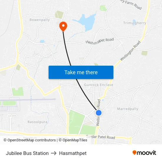 Jubilee Bus Station to Hasmathpet map