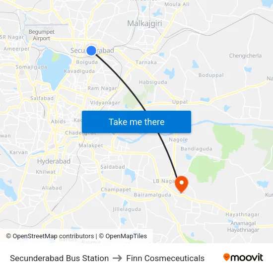 Secunderabad Bus Station to Finn Cosmeceuticals map