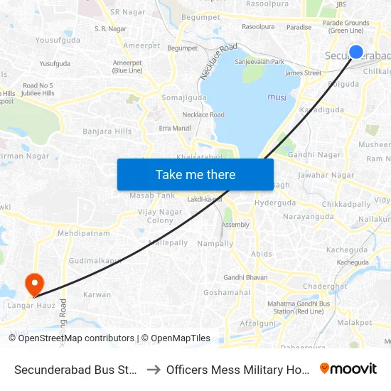 Secunderabad Bus Station to Officers Mess Military Hospital map