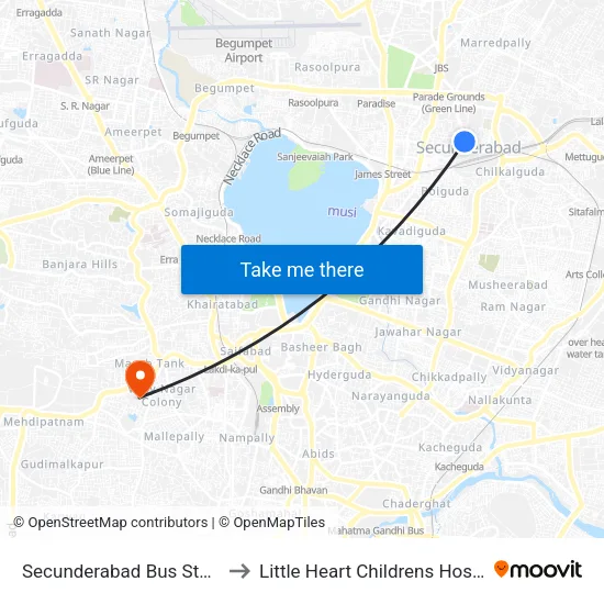 Secunderabad Bus Station to Little Heart Childrens Hospital map
