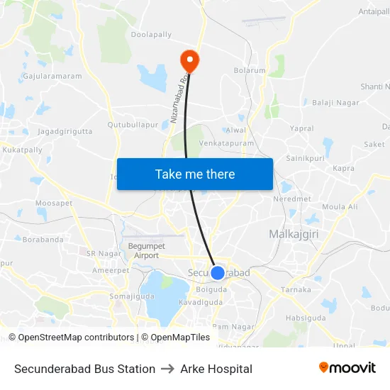 Secunderabad Bus Station to Arke Hospital map