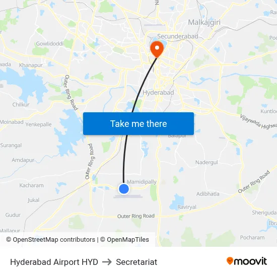 Hyderabad Airport HYD to Secretariat map