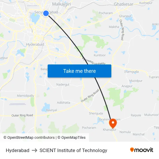Hyderabad to SCIENT Institute of Technology map