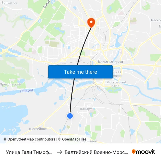 Улица Гали Тимофеевой (По Требованию, Из Центра) to Балтийский Военно-Морской Институт Имени Адмирала Ф.Ф. Ушакова map