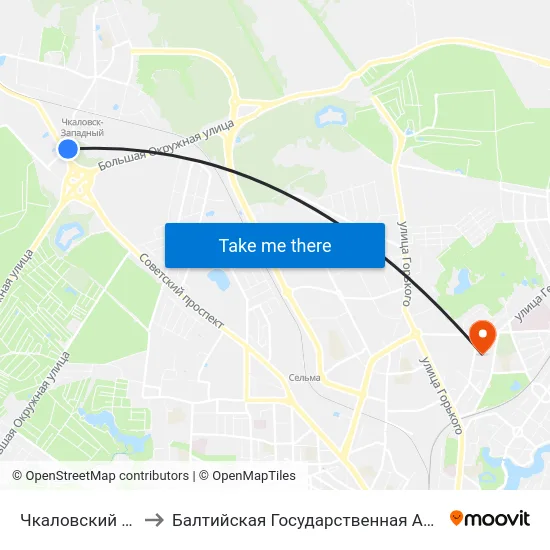 Чкаловский Поворот (Из Центра) to Балтийская Государственная Академия Рыбопромыслового Флота. Корпус 3 map