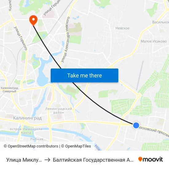 Улица Миклухо-Маклая (В Центр) to Балтийская Государственная Академия Рыбопромыслового Флота. Корпус 3 map