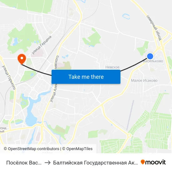 Посёлок Васильково-2 (В Центр) to Балтийская Государственная Академия Рыбопромыслового Флота. Корпус 3 map