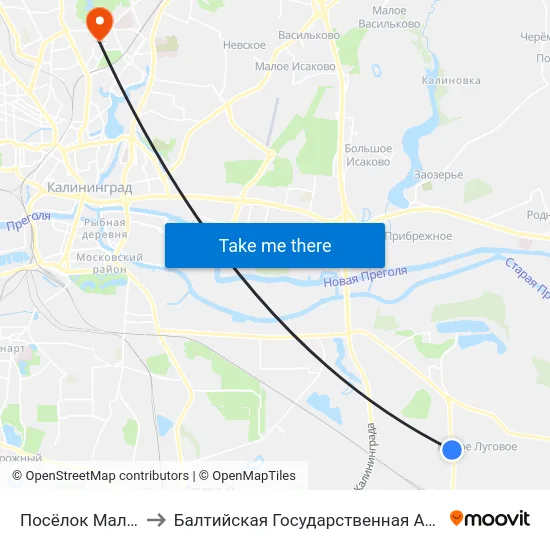 Посёлок Малое Луговое (В Центр) to Балтийская Государственная Академия Рыбопромыслового Флота. Корпус 3 map