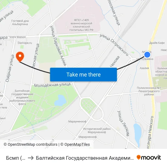 Бсмп (В Центр) to Балтийская Государственная Академия Рыбопромыслового Флота. Корпус 3 map