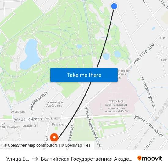 Улица Богатырская to Балтийская Государственная Академия Рыбопромыслового Флота. Корпус 3 map