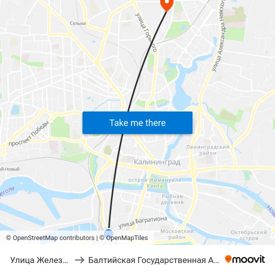 Улица Железнодорожная (В Центр) to Балтийская Государственная Академия Рыбопромыслового Флота. Корпус 3 map