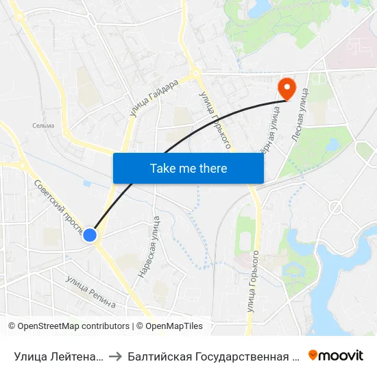 Улица Лейтенанта Яналова (Из Центра) to Балтийская Государственная Академия Рыбопромыслового Флота. Корпус 3 map