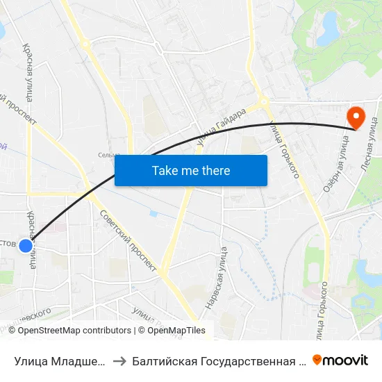 Улица Младшего Лейтенанта Родителева to Балтийская Государственная Академия Рыбопромыслового Флота. Корпус 3 map