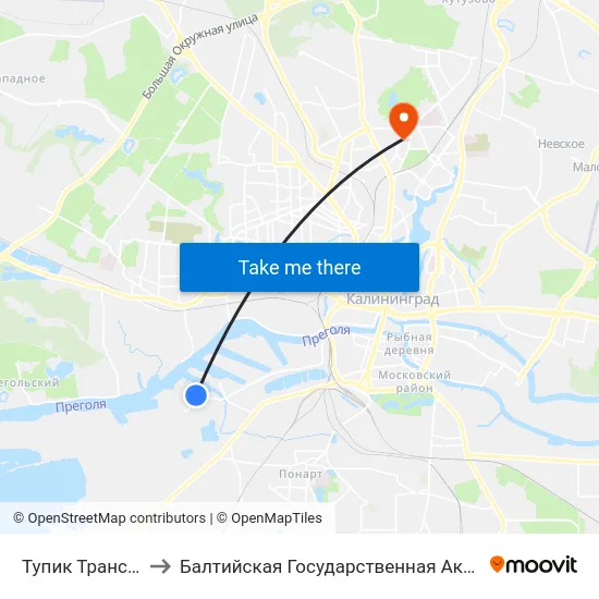 Тупик Транспортный (В Центр) to Балтийская Государственная Академия Рыбопромыслового Флота. Корпус 3 map