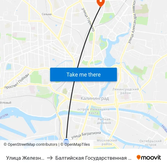 Улица Железнодорожная (Из Центра) to Балтийская Государственная Академия Рыбопромыслового Флота. Корпус 3 map