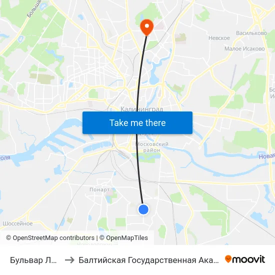 Бульвар Любови Шевцовой to Балтийская Государственная Академия Рыбопромыслового Флота. Корпус 3 map