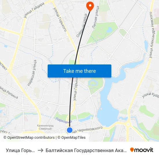 Улица Горького (Из Центра) to Балтийская Государственная Академия Рыбопромыслового Флота. Корпус 3 map