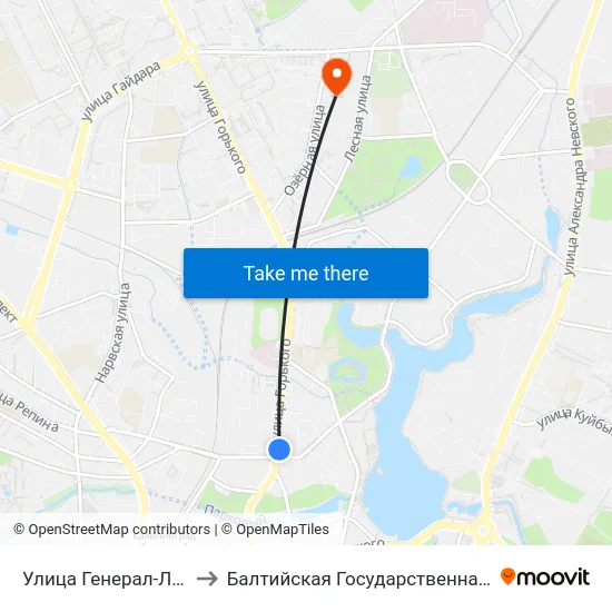 Улица Генерал-Лейтенанта Озерова (Из Центра) to Балтийская Государственная Академия Рыбопромыслового Флота. Корпус 3 map