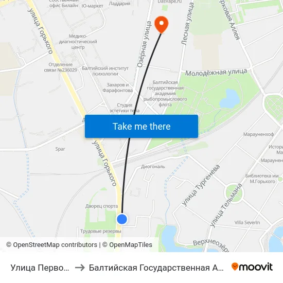 Улица Первомайская (Из Центра) to Балтийская Государственная Академия Рыбопромыслового Флота. Корпус 3 map
