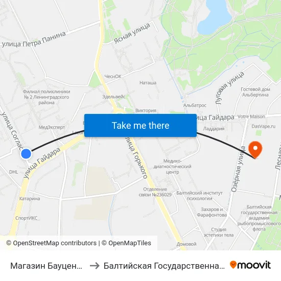 Магазин Бауцентр (На Ул. Согласия, Из Центра) to Балтийская Государственная Академия Рыбопромыслового Флота. Корпус 3 map