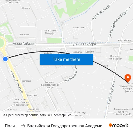 Поликлиника to Балтийская Государственная Академия Рыбопромыслового Флота. Корпус 3 map