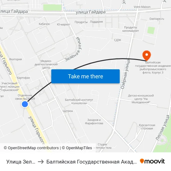Улица Зелёная (В Центр) to Балтийская Государственная Академия Рыбопромыслового Флота. Корпус 3 map