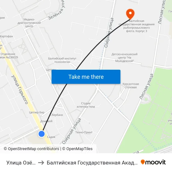 Улица Озёрная (В Центр) to Балтийская Государственная Академия Рыбопромыслового Флота. Корпус 3 map