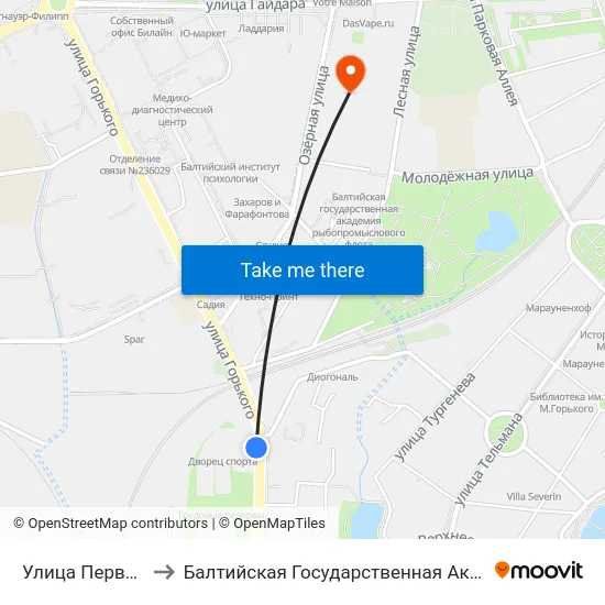 Улица Первомайская (В Центр) to Балтийская Государственная Академия Рыбопромыслового Флота. Корпус 3 map