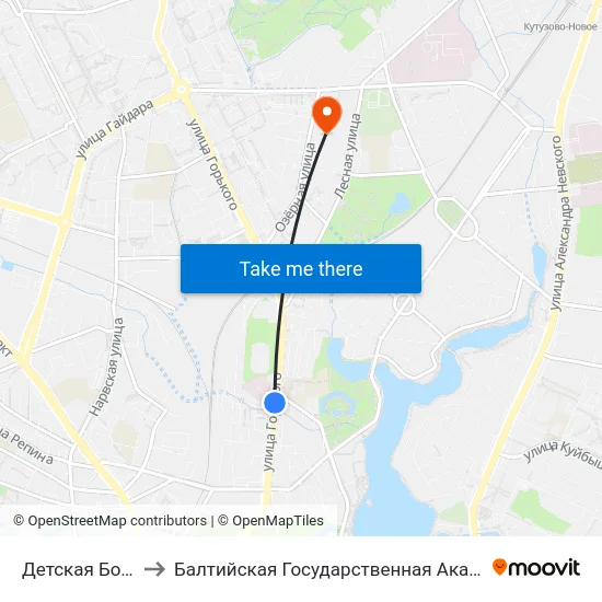 Детская Больница (В Центр) to Балтийская Государственная Академия Рыбопромыслового Флота. Корпус 3 map