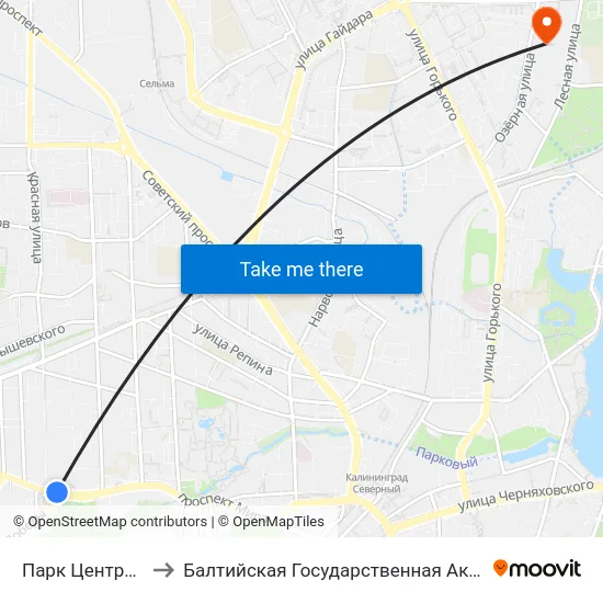 Парк Центральный (Из Центра) to Балтийская Государственная Академия Рыбопромыслового Флота. Корпус 3 map