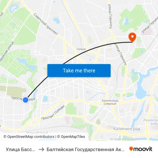 Улица Бассейная (Из Центра) to Балтийская Государственная Академия Рыбопромыслового Флота. Корпус 3 map