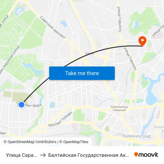 Улица Саратовская (В Центр) to Балтийская Государственная Академия Рыбопромыслового Флота. Корпус 3 map