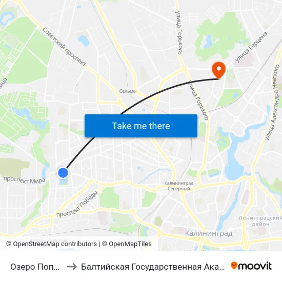 Озеро Поплавок (Конечная) to Балтийская Государственная Академия Рыбопромыслового Флота. Корпус 3 map