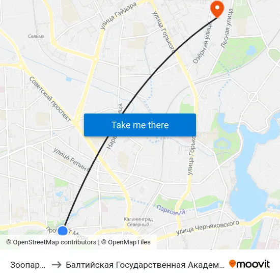 Зоопарк (В Центр) to Балтийская Государственная Академия Рыбопромыслового Флота. Корпус 3 map