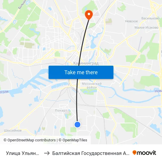 Улица Ульяный Громовой (В Центр) to Балтийская Государственная Академия Рыбопромыслового Флота. Корпус 3 map