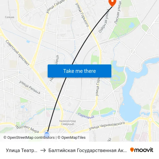 Улица Театральная (Из Центра) to Балтийская Государственная Академия Рыбопромыслового Флота. Корпус 3 map