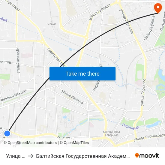 Улица Кутузова to Балтийская Государственная Академия Рыбопромыслового Флота. Корпус 3 map