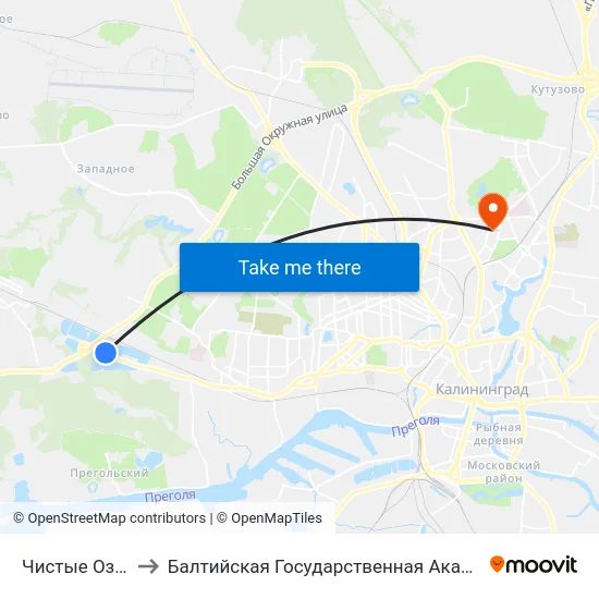 Чистые Озёра (Из Центра) to Балтийская Государственная Академия Рыбопромыслового Флота. Корпус 3 map