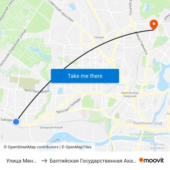 Улица Менделеева (В Центр) to Балтийская Государственная Академия Рыбопромыслового Флота. Корпус 3 map
