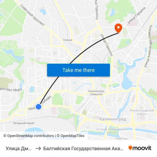 Улица Дмитрия Донского to Балтийская Государственная Академия Рыбопромыслового Флота. Корпус 3 map