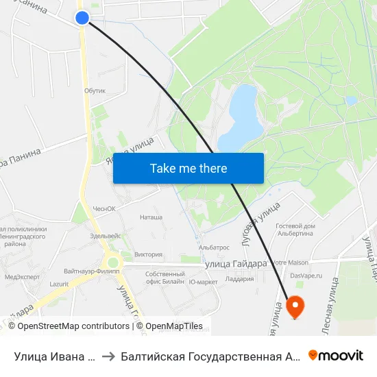 Улица Ивана Сусанина (Из Центра) to Балтийская Государственная Академия Рыбопромыслового Флота. Корпус 3 map