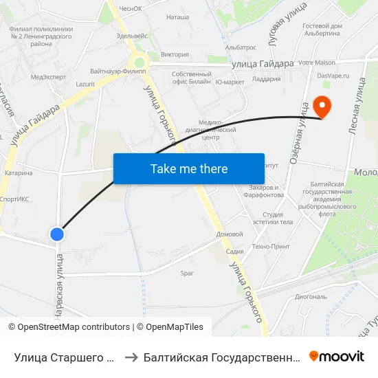 Улица Старшего Лейтенанта Сибирякова (В Центр) to Балтийская Государственная Академия Рыбопромыслового Флота. Корпус 3 map