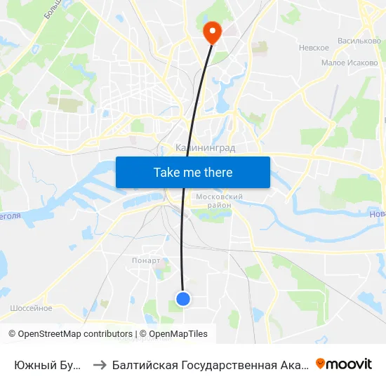 Южный Бульвар (Из Центра) to Балтийская Государственная Академия Рыбопромыслового Флота. Корпус 3 map